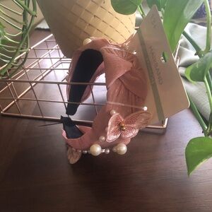 Elegant Pink Headband with Pearls and Butterfly